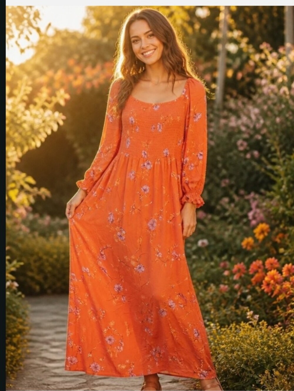 a.n.a Orange Floral Square-Neck Maxi Dress